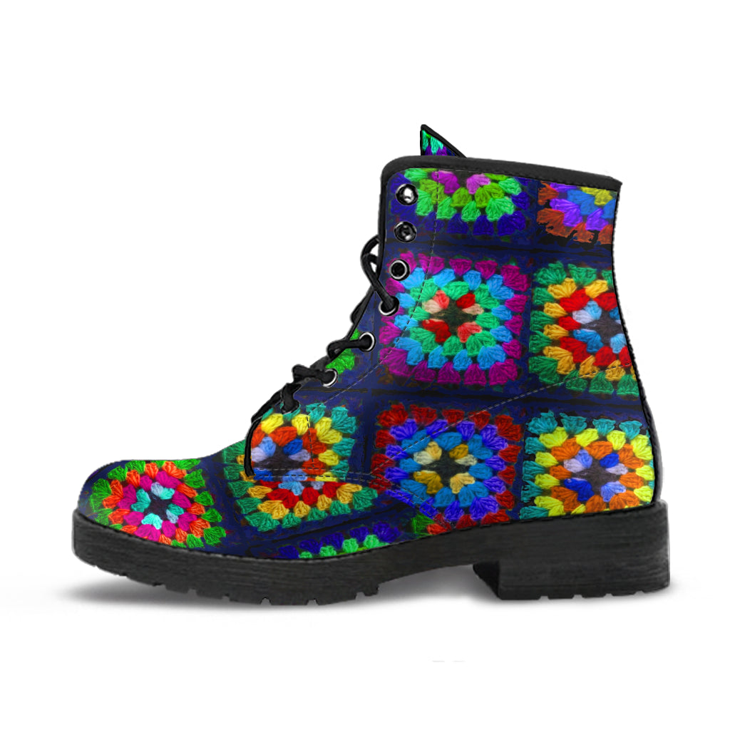 Granny Square Faux Vegan Leather Lace Up Boots