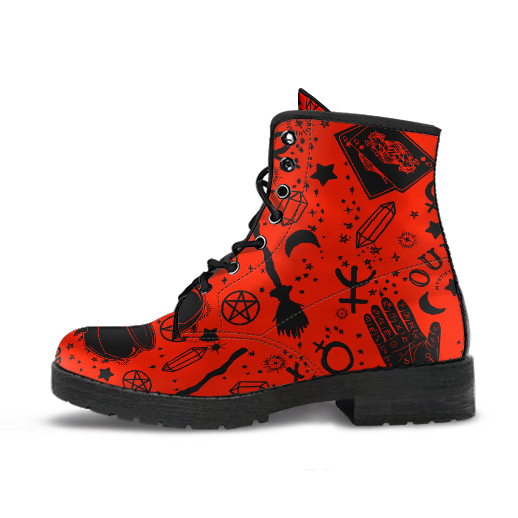 Occult Symbols (Red) Faux Vegan Leather Lace Up Boots