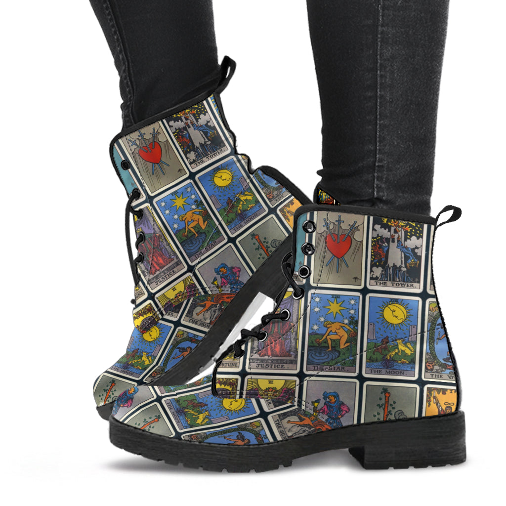 Rider Waite Print Tarot Faux Vegan Leather Lace Up Boots