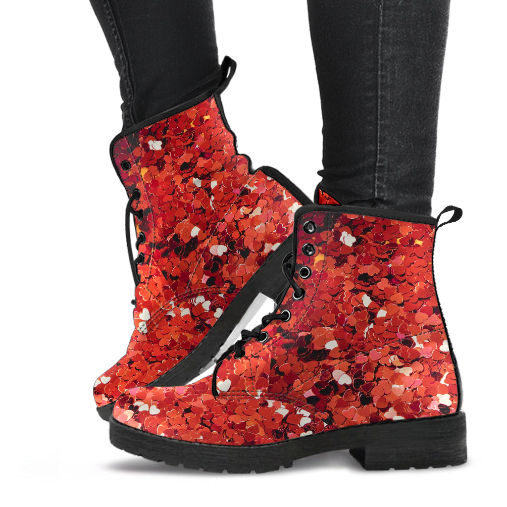 Red "Glitter" Faux Vegan Leather Lace Up Boots