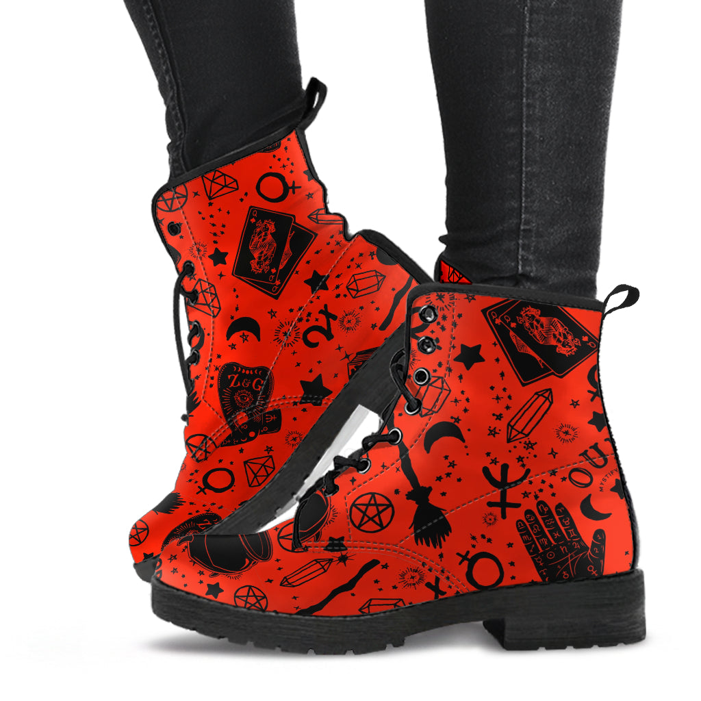 Occult Symbols (Red) Faux Vegan Leather Lace Up Boots