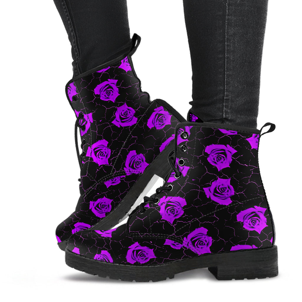 Cracked Purple Rose Faux Vegan Leather Lace Up Boots