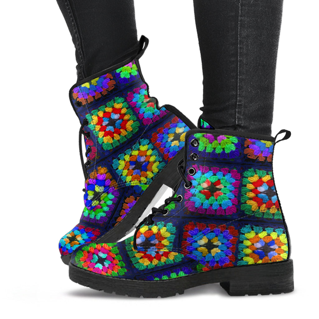 Granny Square Faux Vegan Leather Lace Up Boots