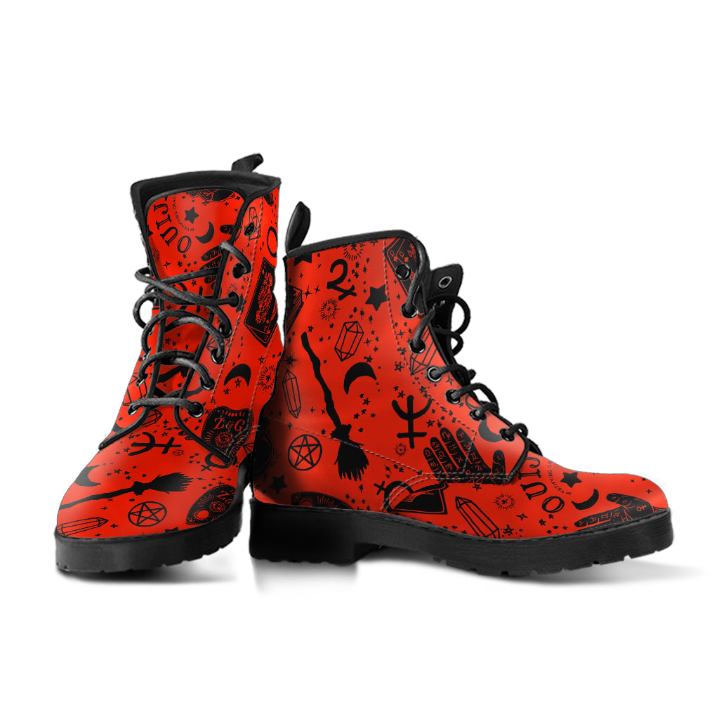 Occult Symbols (Red) Faux Vegan Leather Lace Up Boots