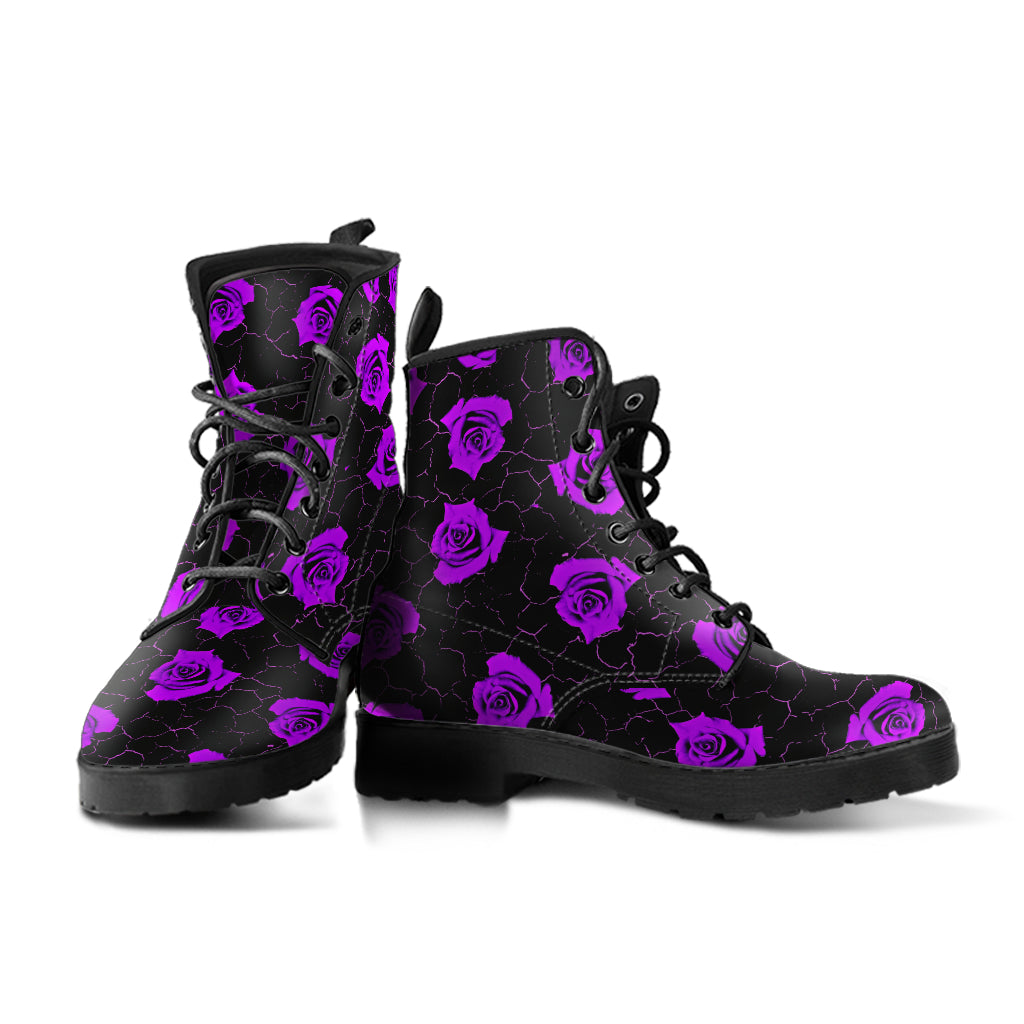 Cracked Purple Rose Faux Vegan Leather Lace Up Boots