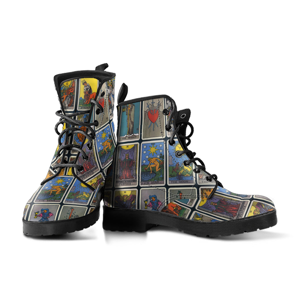 Rider Waite Print Tarot Faux Vegan Leather Lace Up Boots