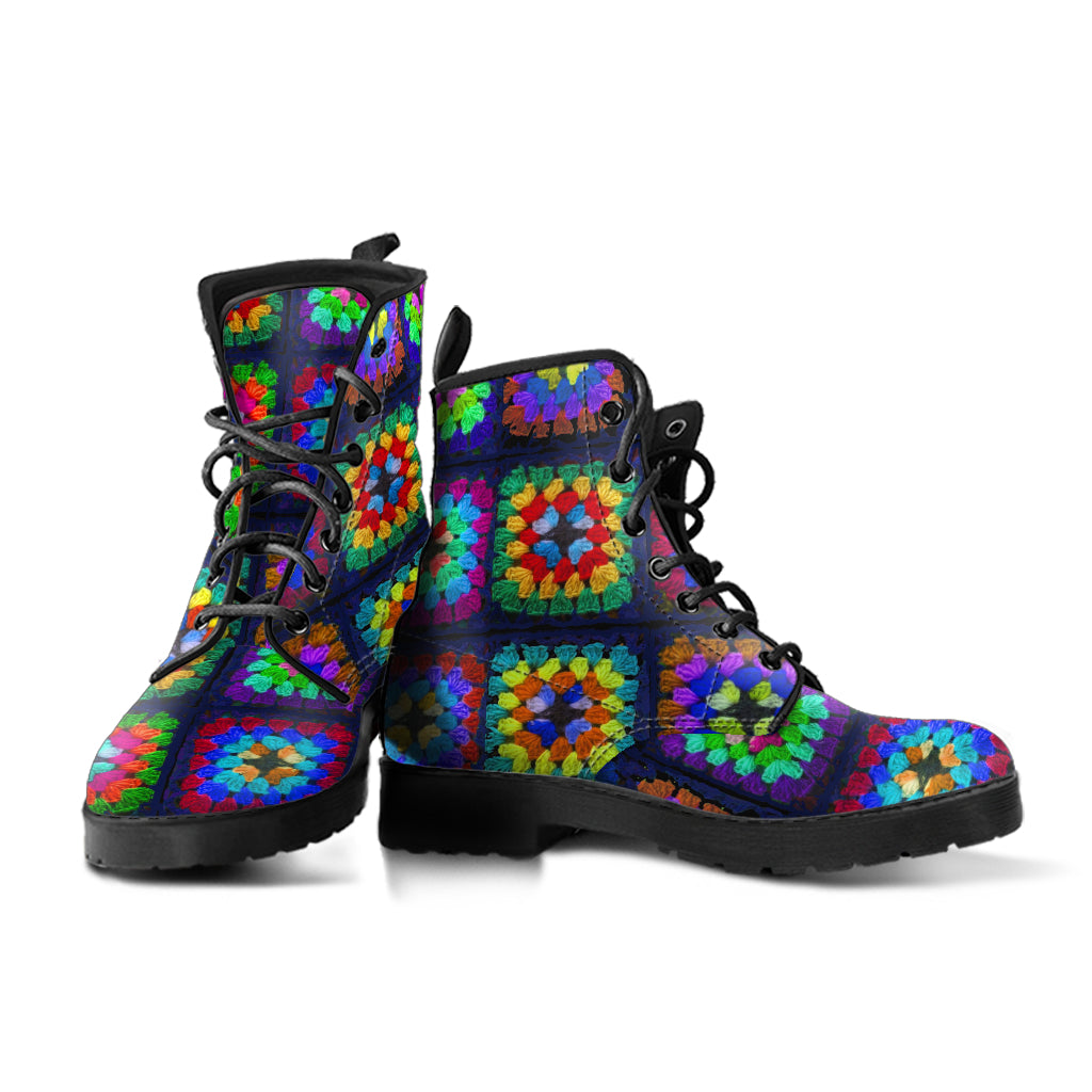 Granny Square Faux Vegan Leather Lace Up Boots