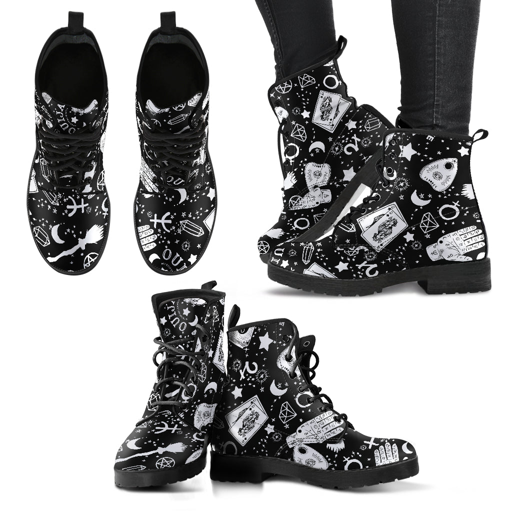 Occult Symbols (Black) Faux Vegan Leather Lace Up Boots