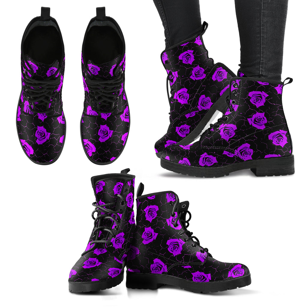 Cracked Purple Rose Faux Vegan Leather Lace Up Boots