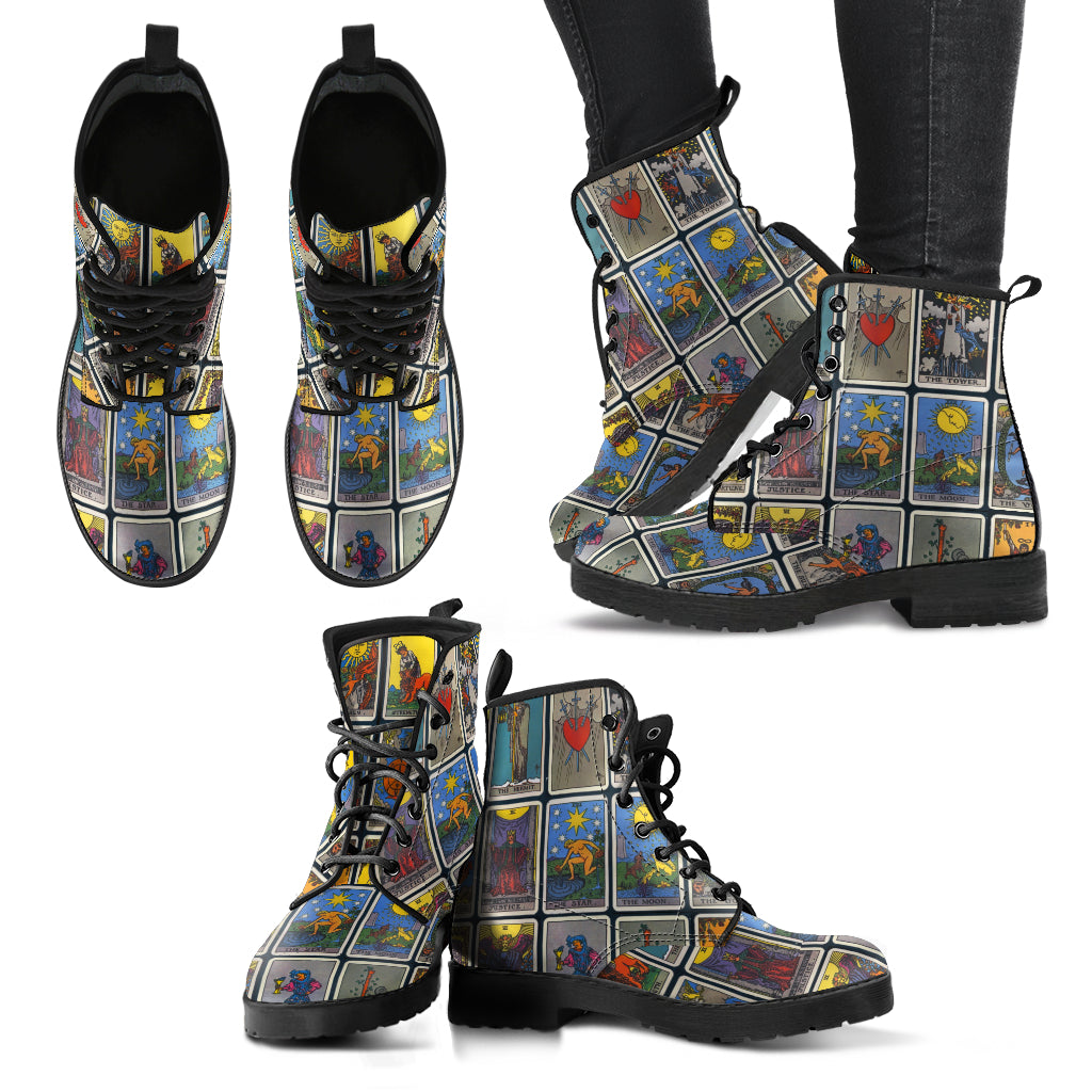 Rider Waite Print Tarot Faux Vegan Leather Lace Up Boots