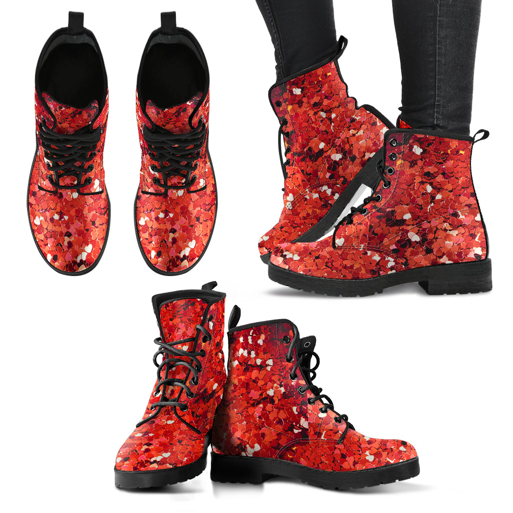 Red "Glitter" Faux Vegan Leather Lace Up Boots