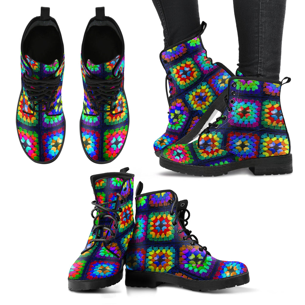 Granny Square Faux Vegan Leather Lace Up Boots