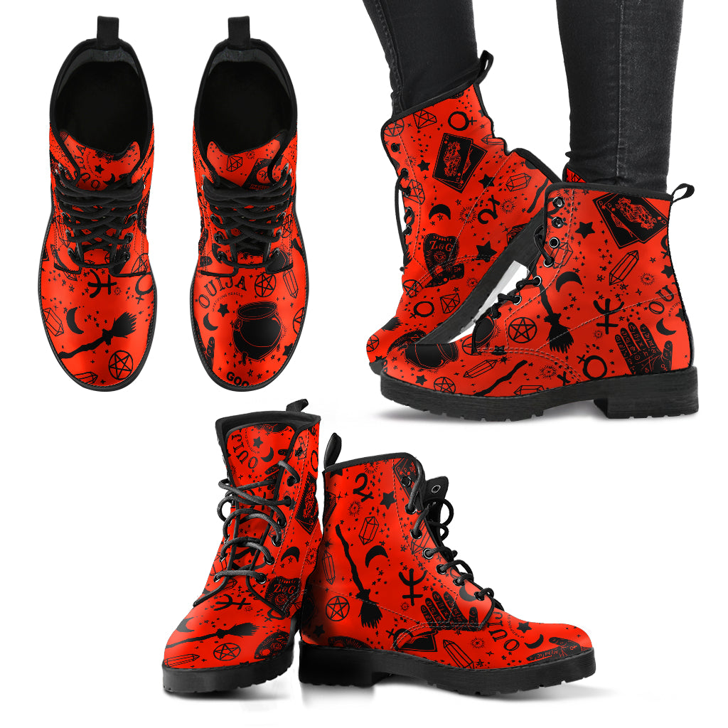 Occult Symbols (Red) Faux Vegan Leather Lace Up Boots