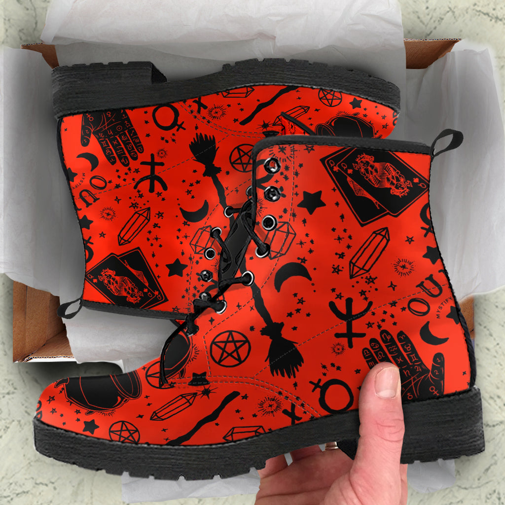 Occult Symbols (Red) Faux Vegan Leather Lace Up Boots