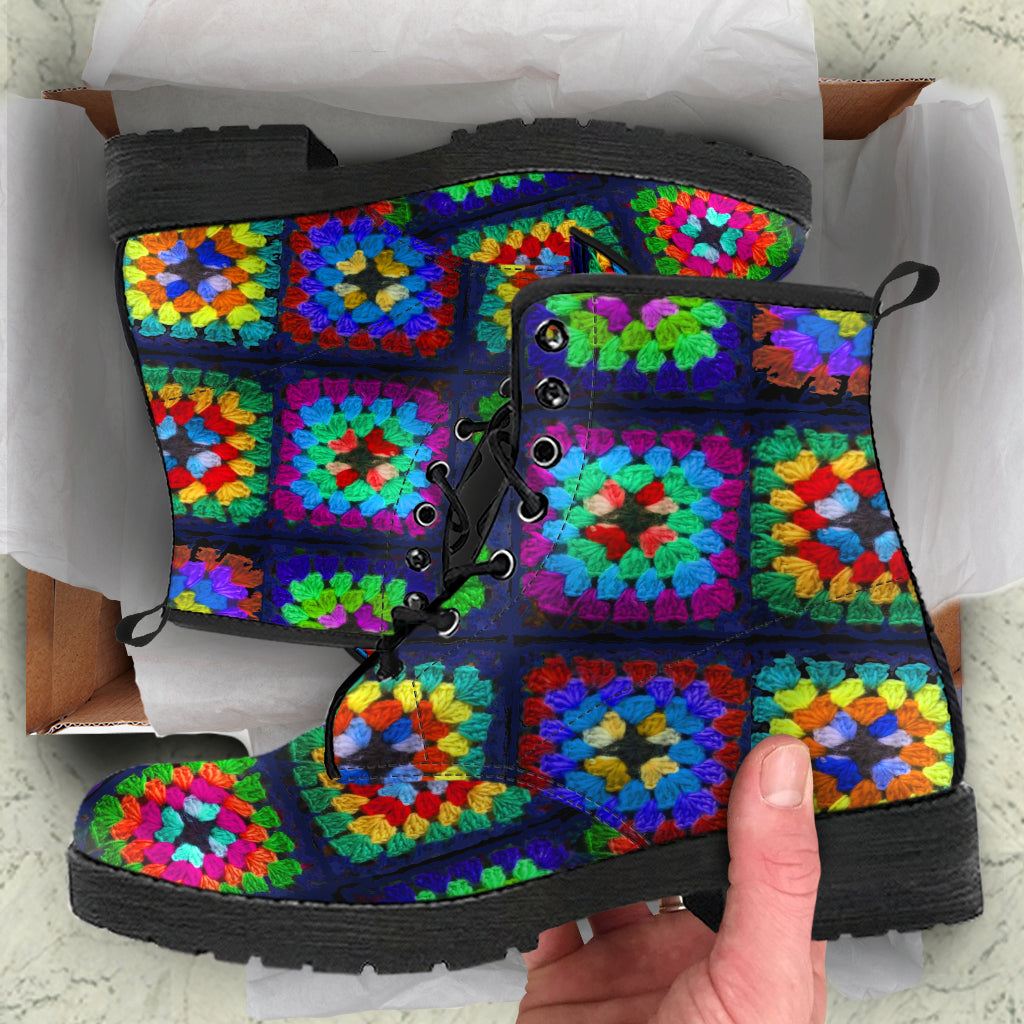 Granny Square Faux Vegan Leather Lace Up Boots