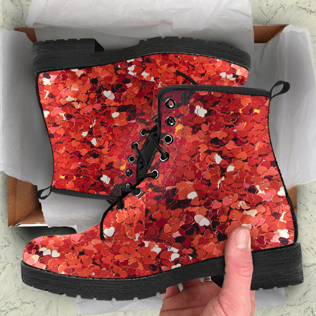 Red "Glitter" Faux Vegan Leather Lace Up Boots