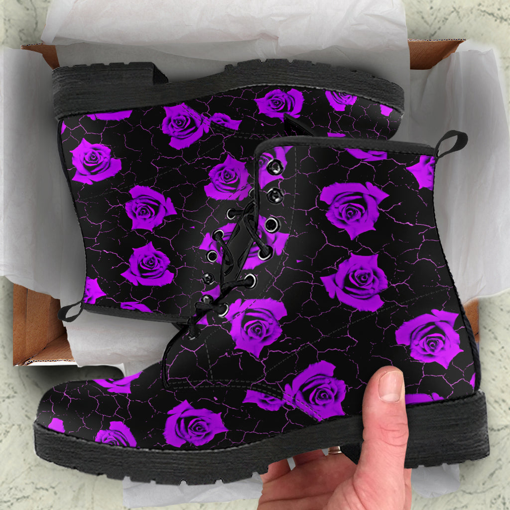 Cracked Purple Rose Faux Vegan Leather Lace Up Boots